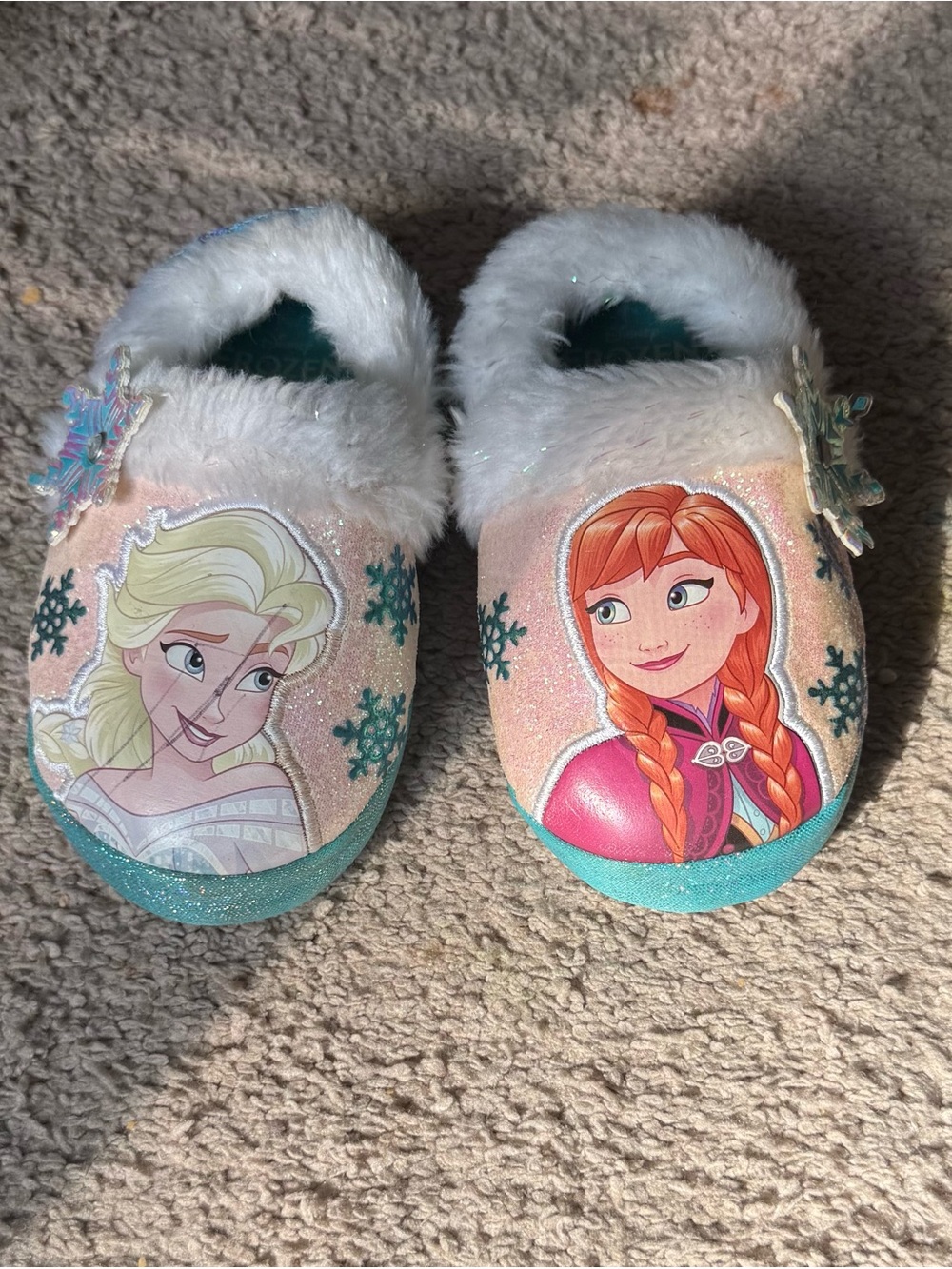 Frozen Elsa & Anna Pink Teal Fuzzy Slippers